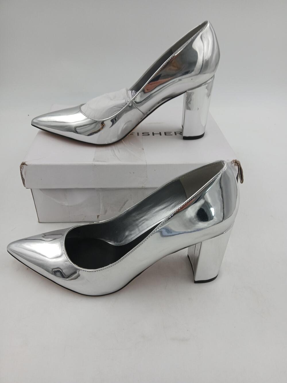 Marc Fisher Shoes Womens Size 11M Silver Metallic Block Heel Pumps Pointed Toe